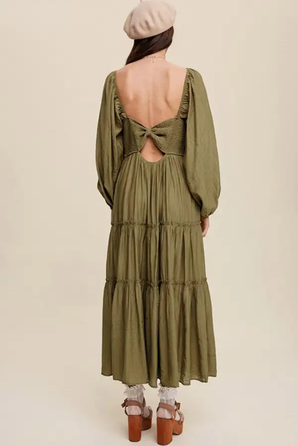 V-Neck Bowknot Cutout Frill Tiered Maxi Dress