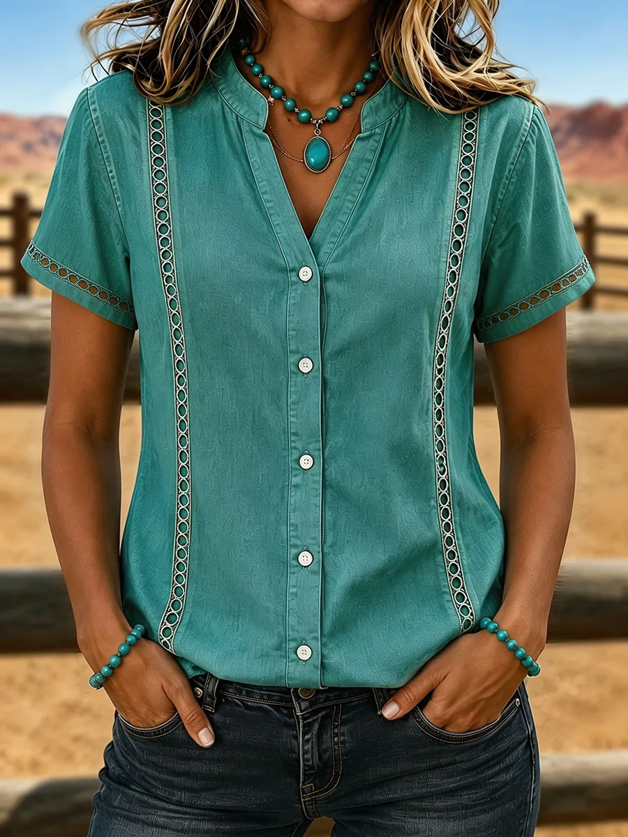 Women's Retro Hollow Out Lace Trim Button Down Western Denim Blouse