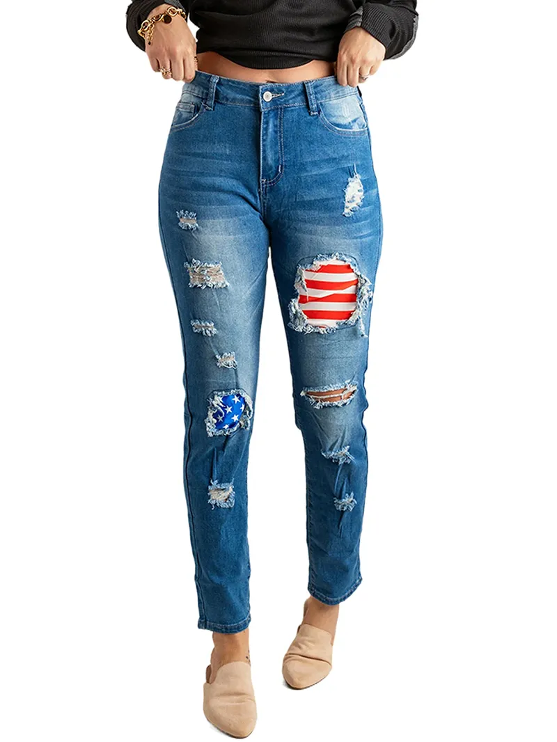 Casual flag print patchwork jeans