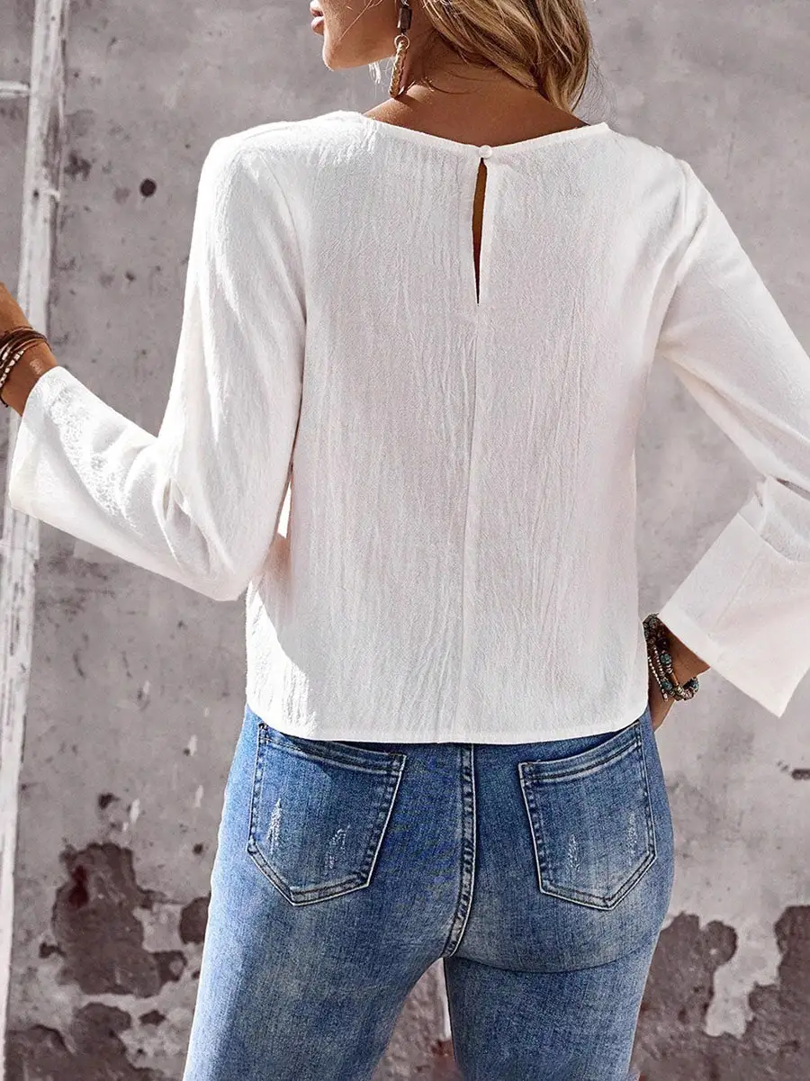 Long Sleeve Button Detail Front Slit Round Neck T-Shirt