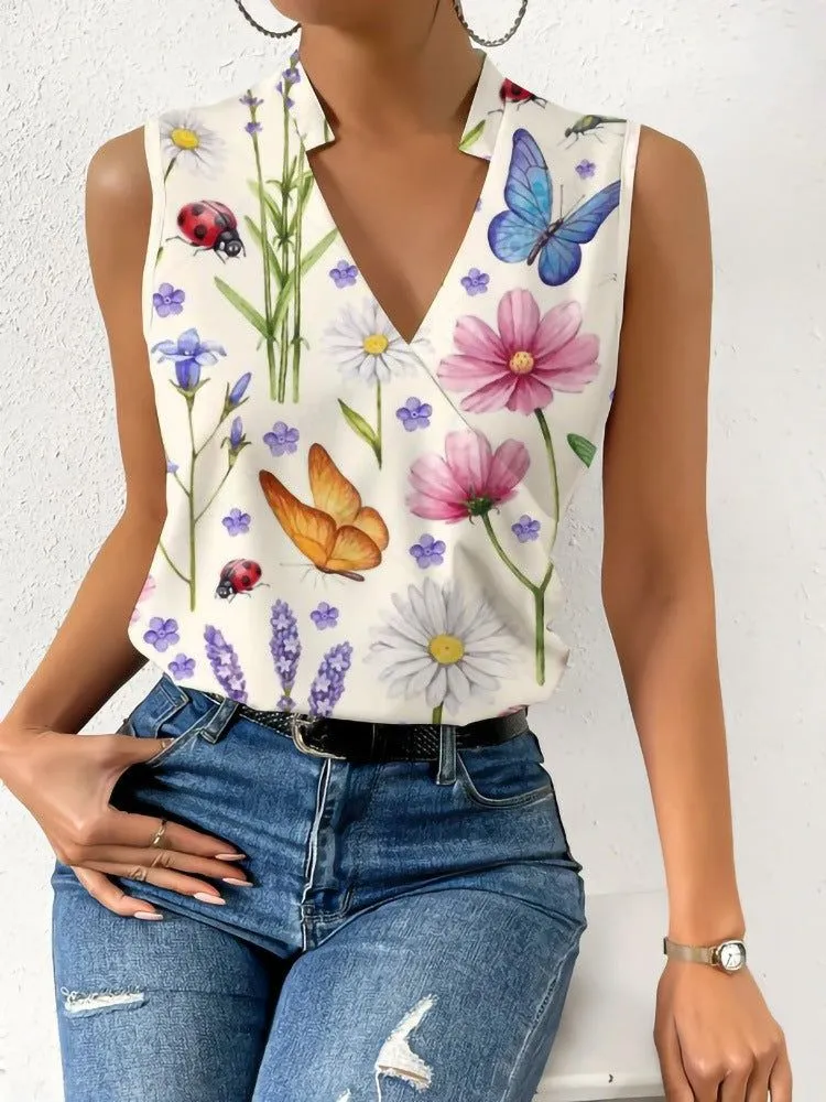 Printed V-Neck Sleeveless Blouse