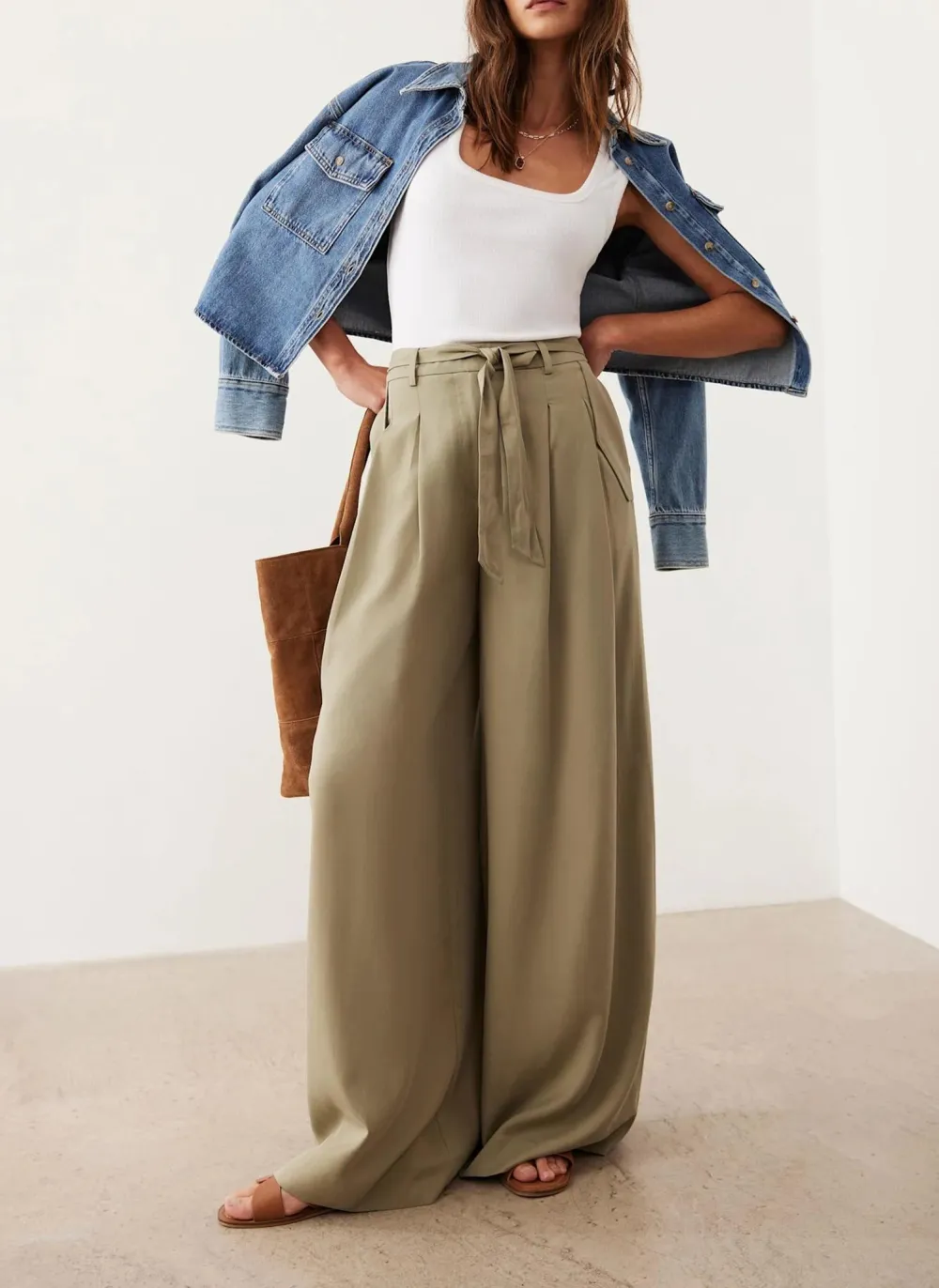 Casual Style Khaki Belted Wide Leg Trousers