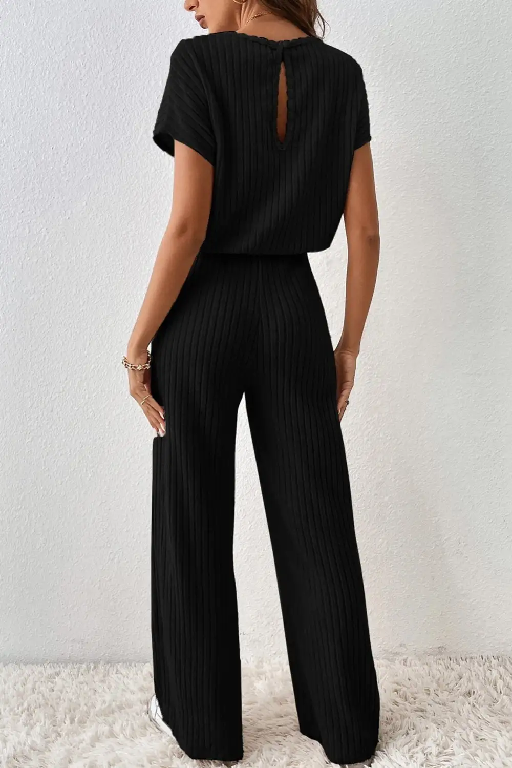 Relaxed Ribbed Short Sleeve Wide Leg Jumpsuit