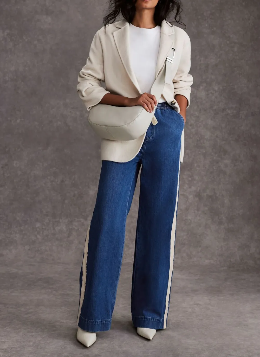 Casual Style Tie Waist Side Stripe Wide Jeans