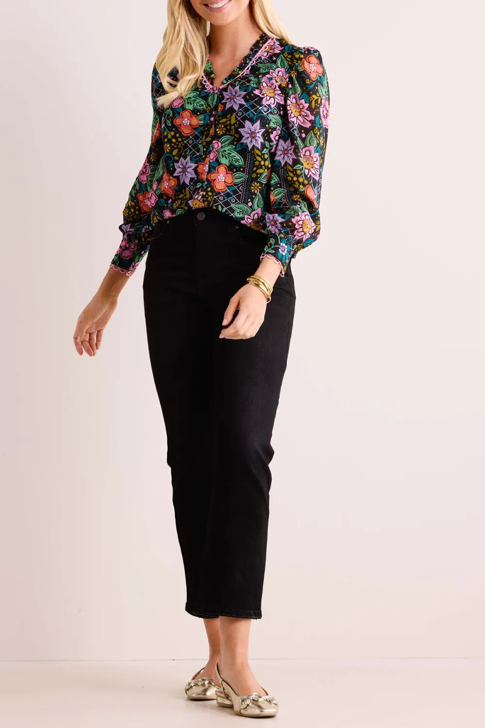 Multicolored Floral Print V-Neck Long Sleeve Blouse