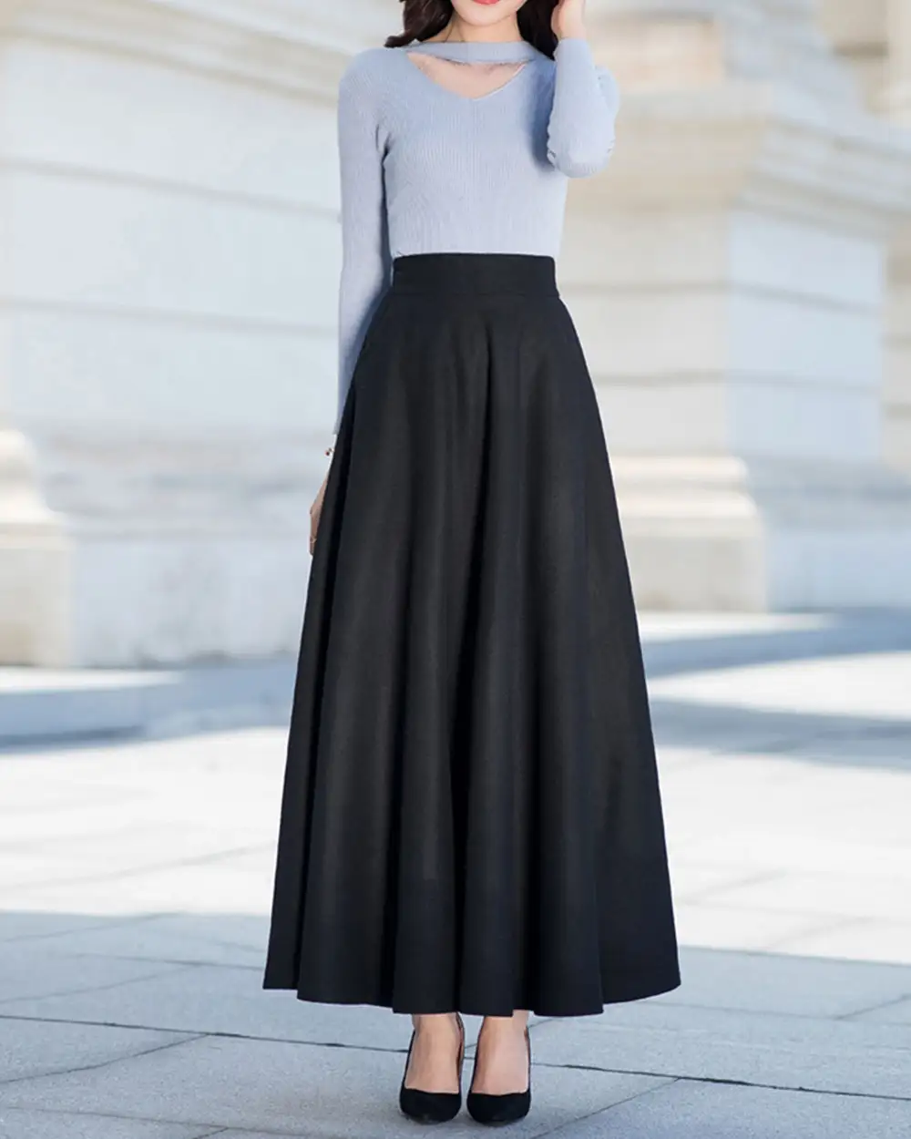 Relaxed Pocketed Wool Maxi Skirt