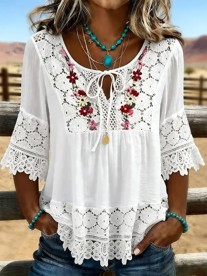 Women's Vintage Flowers Print Patchwork Lace Casual Shirt