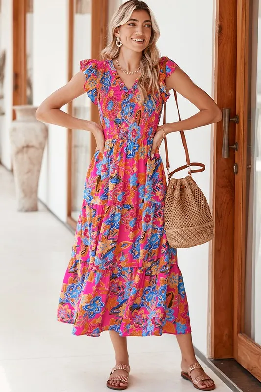 Boho Floral V Neck Ruffle Tiered Long Dress