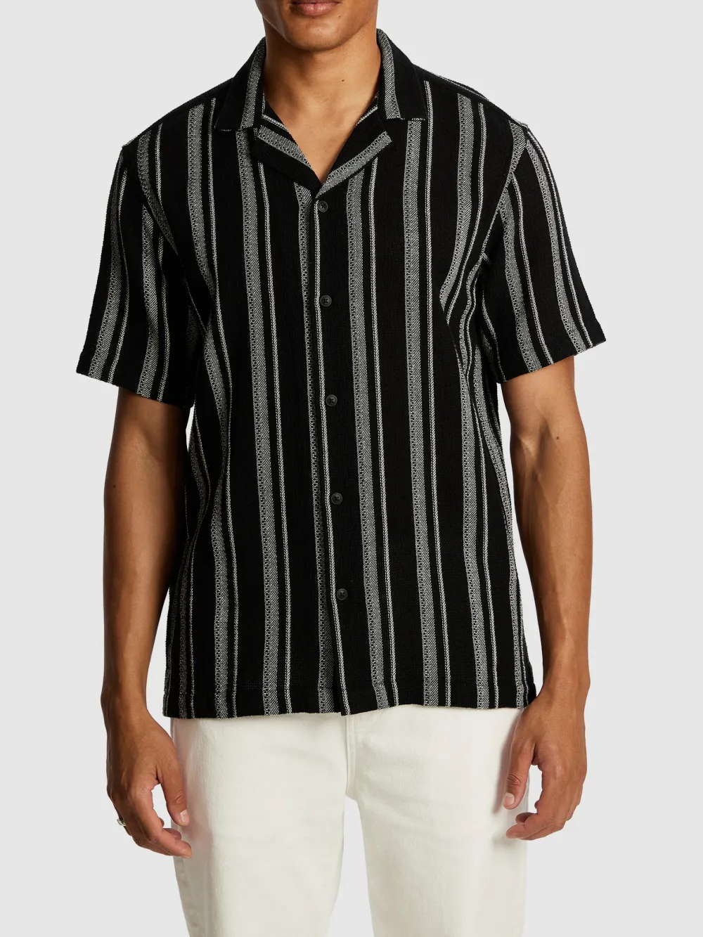 Black And Gray Striped Knit Short Sleeve Shirt