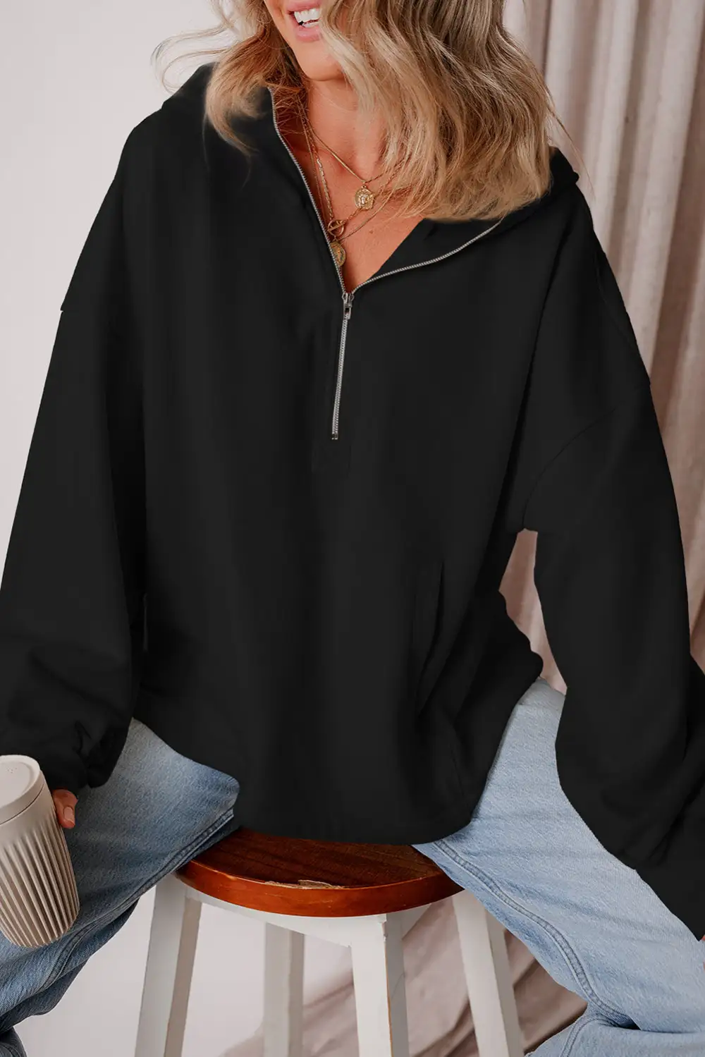 Everyday Relaxed Fleece Pocket Detail Zip Detail Hoodie