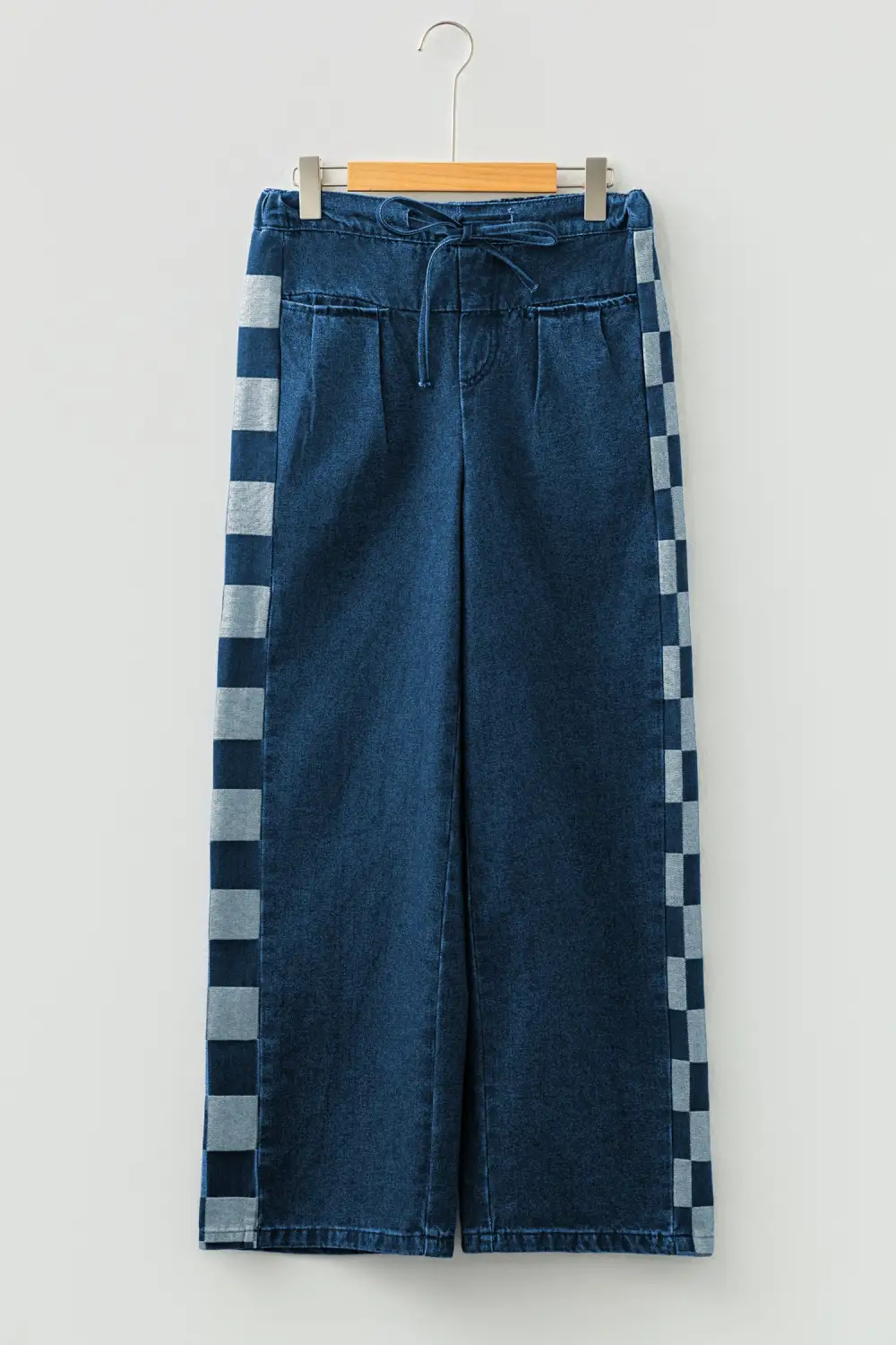 Loose Drawstring Checkered Side Panel Patchwork Jeans