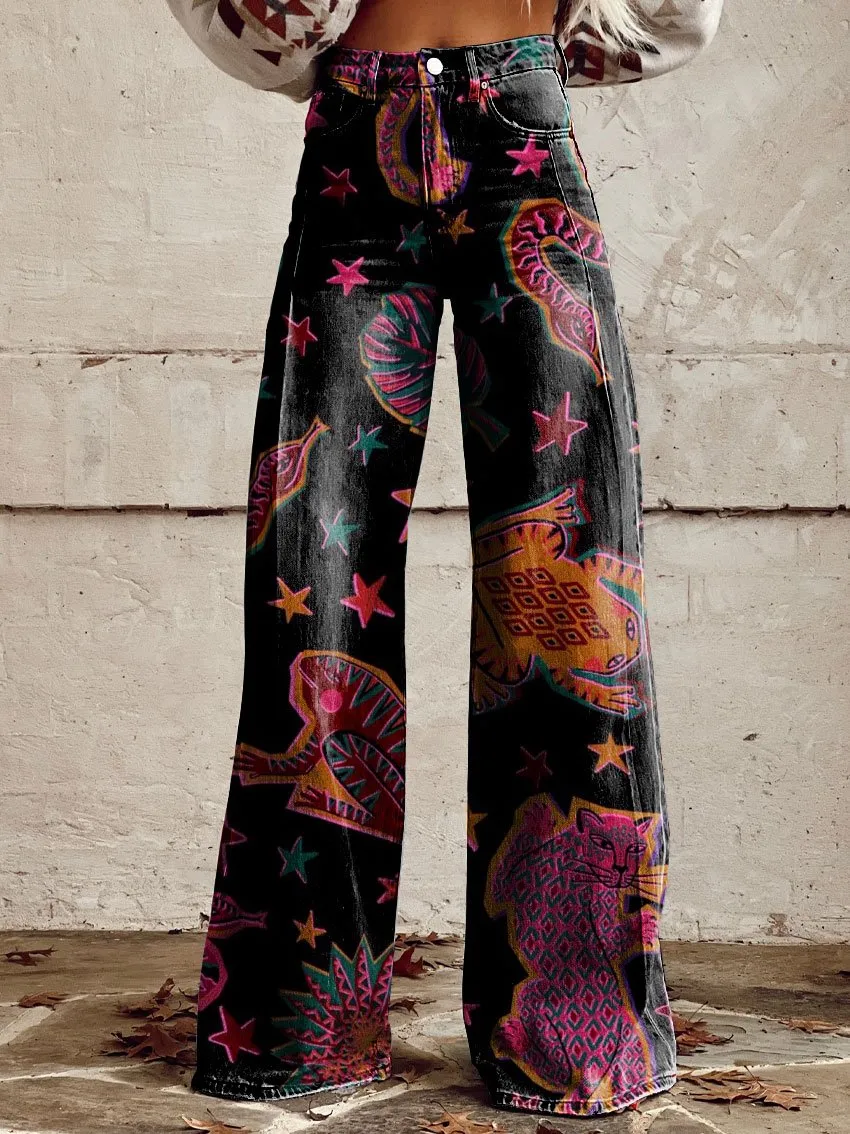 Women's Vintage Print Casual Wide Leg Pants