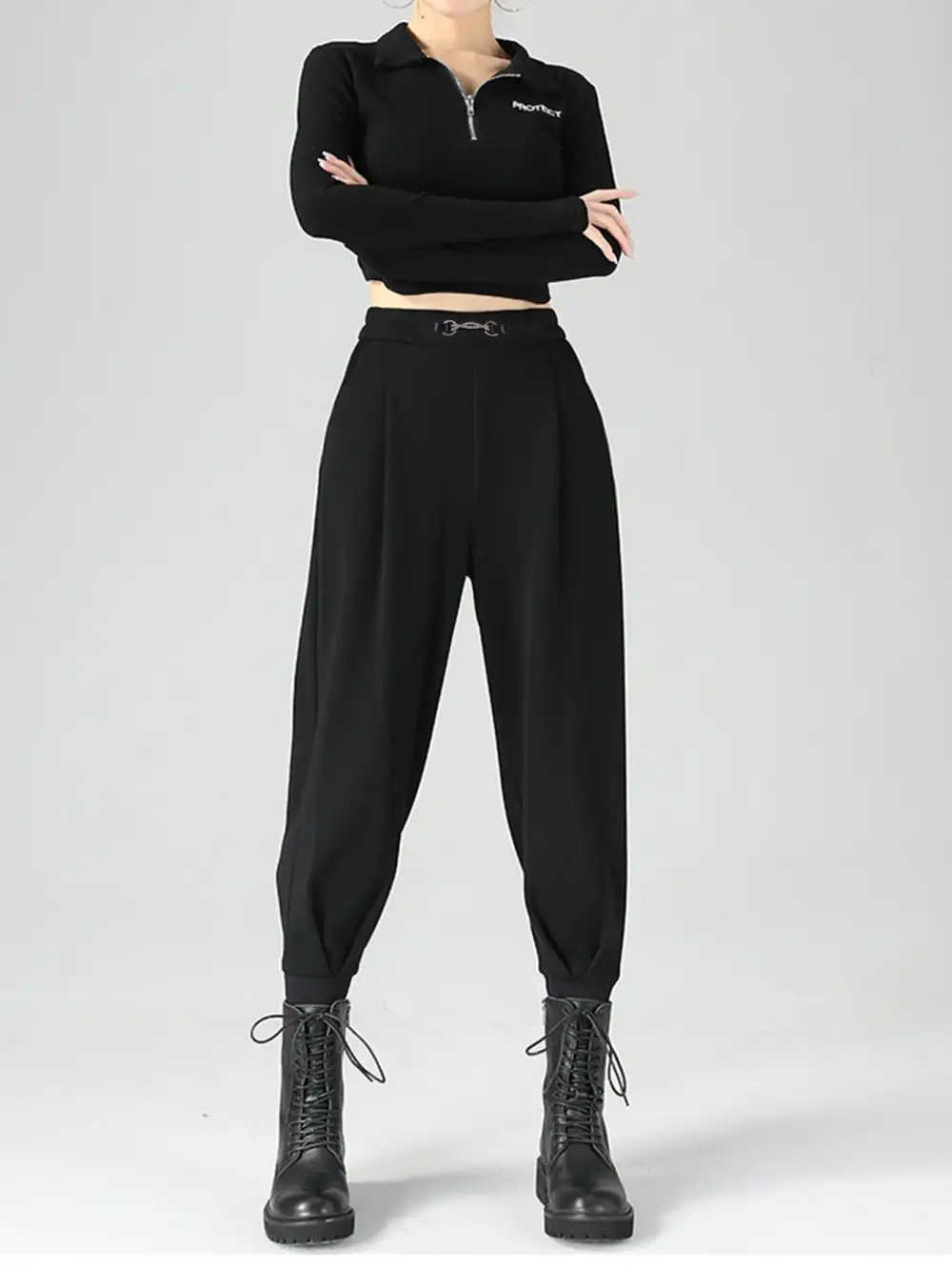 High Waisted Buckle Detail Tapered Pants