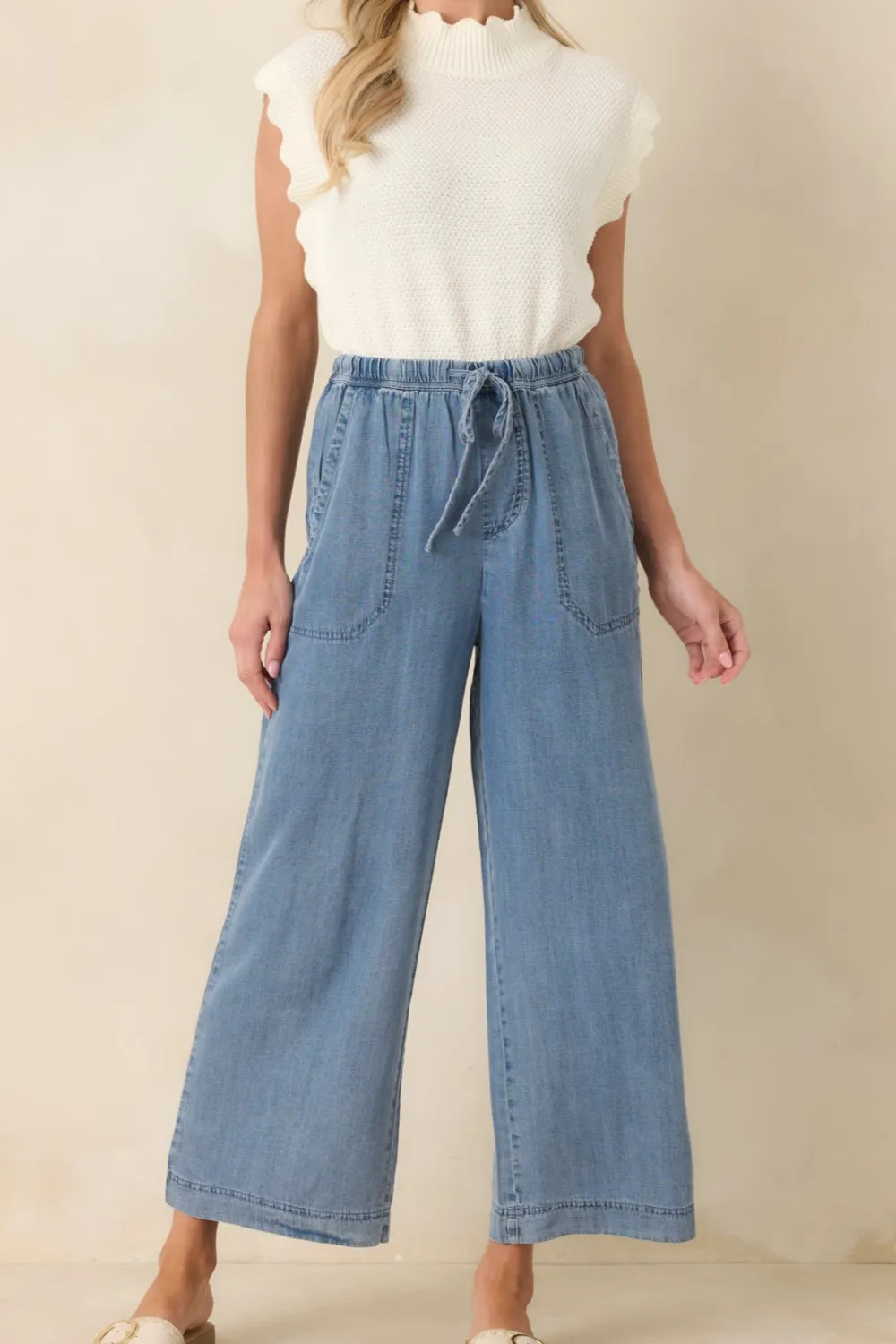Medium Wash Denim Wide Leg Drawstring Pants