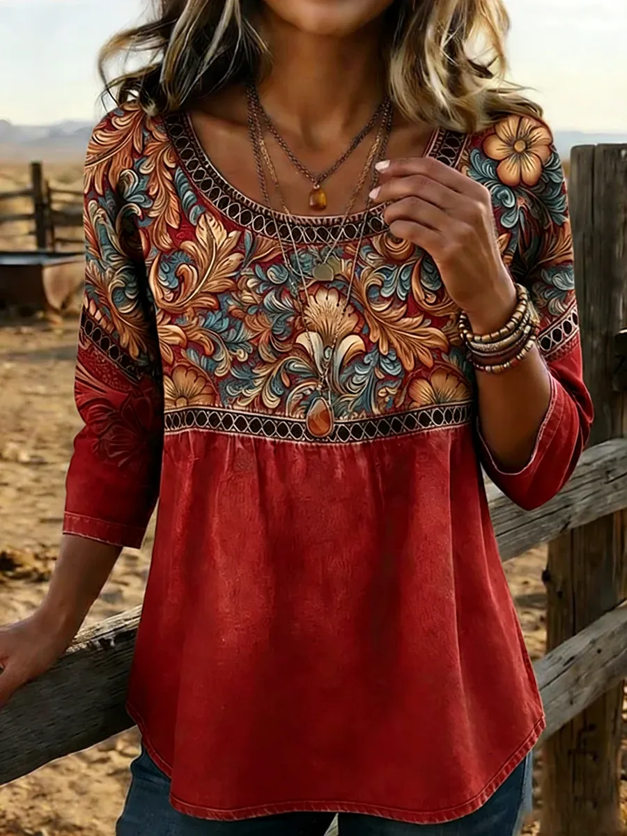 Women's Vintage Western Plants Flowers Print Casual Top