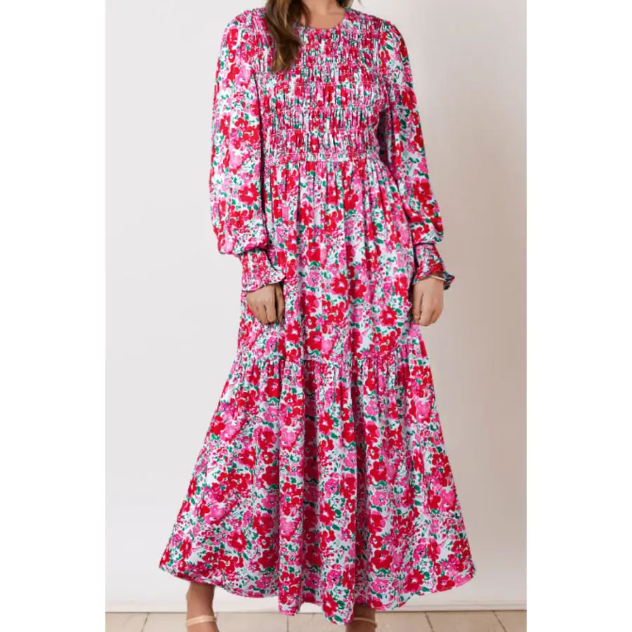 Printed Round Neck Lantern Sleeve Maxi Dress