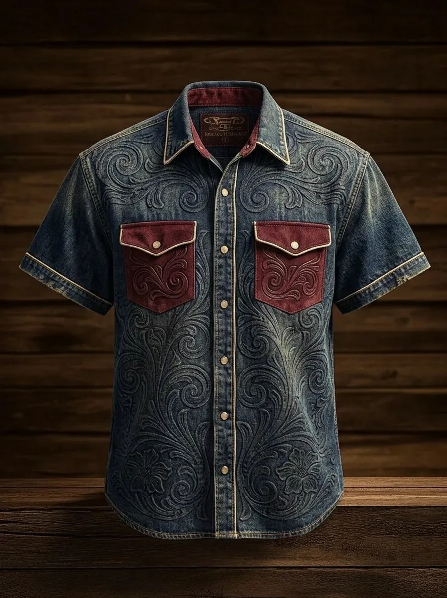 Men's Western Style Floral Embossed Denim Printed Shirt