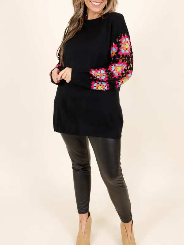 Black Patchwork Colorful Embroidered Sleeve Sweater