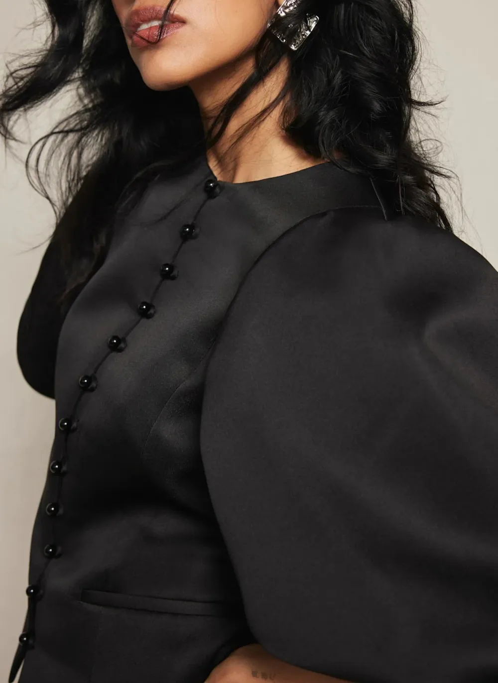 Casual Style Black Puff Sleeve Satin Jacket