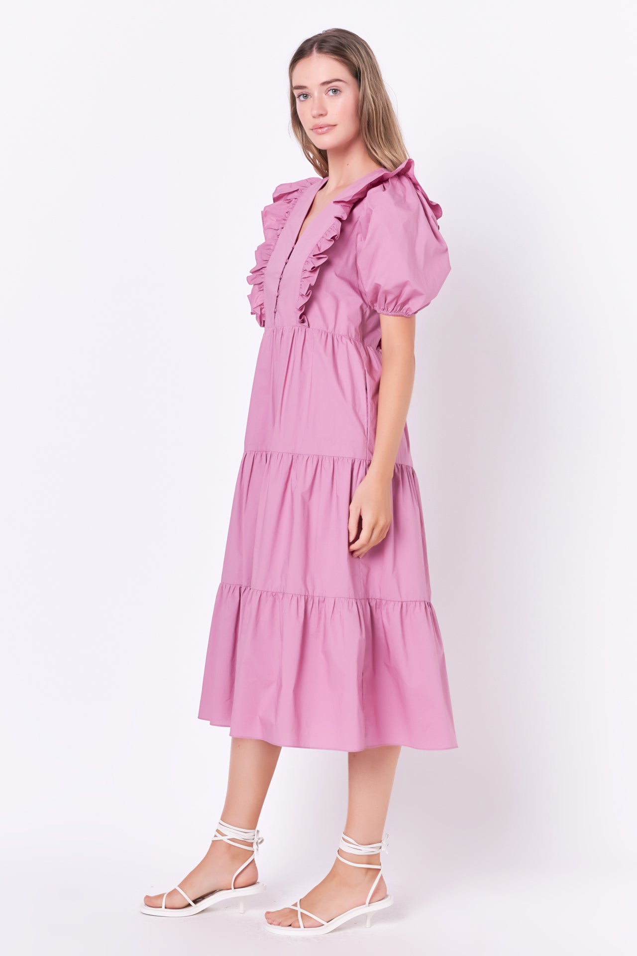 Ruffle Detail Puff Sleeve Midi Dress