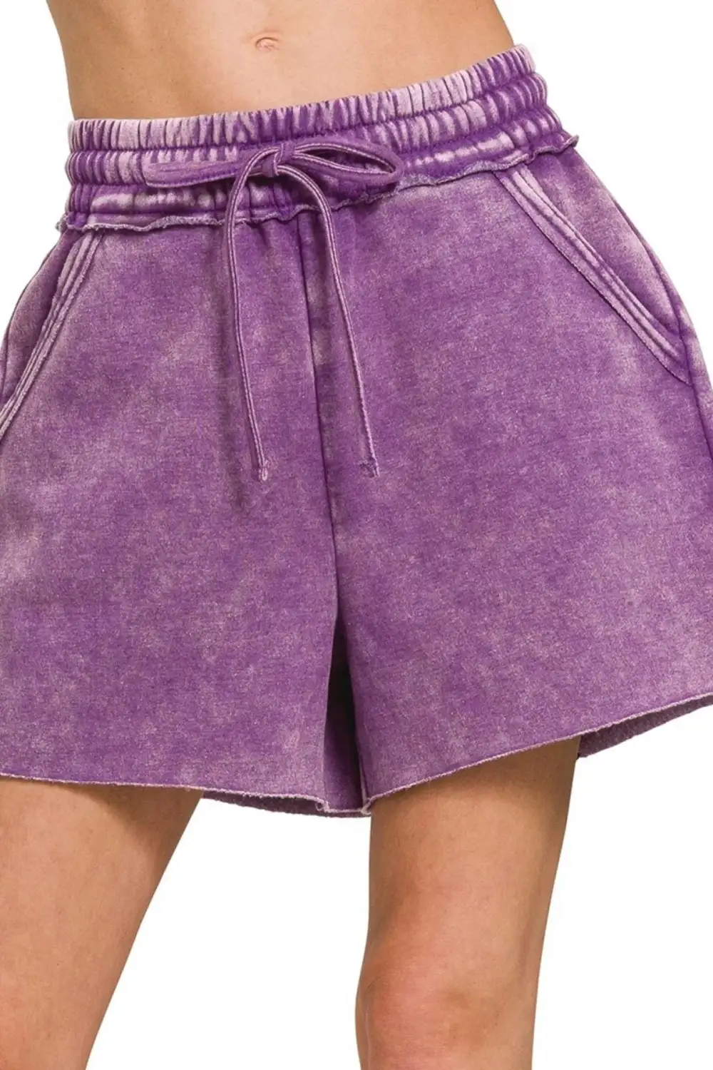 Laidback Acid Wash Fleece Drawstring Shorts with Pockets