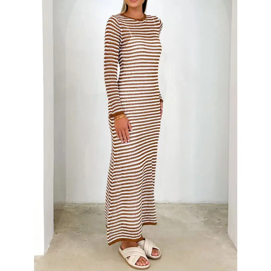 Devine Tied Round Neck Striped Sweater Dress