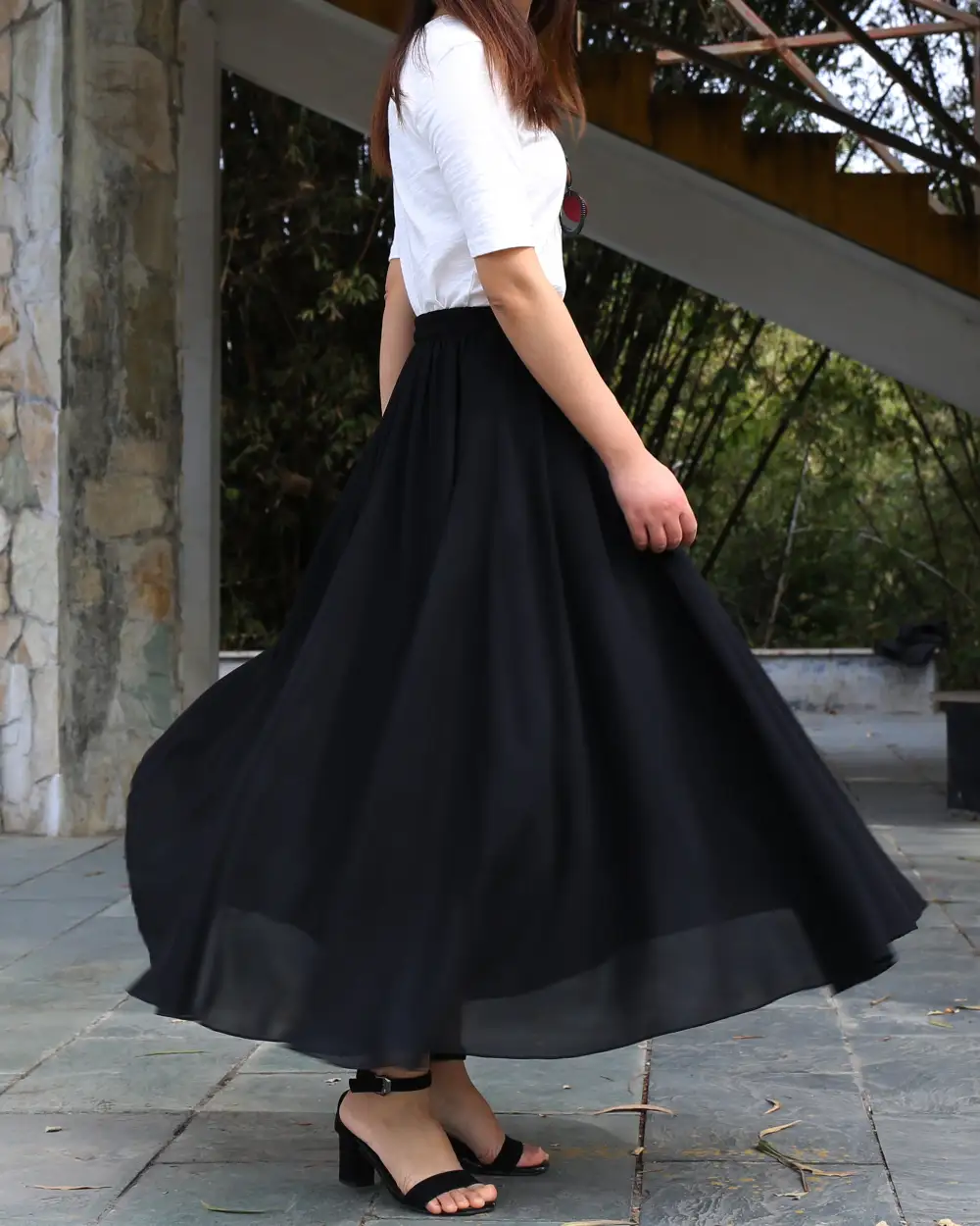 Airy Elastic Waist Chiffon A Line Maxi Skirt