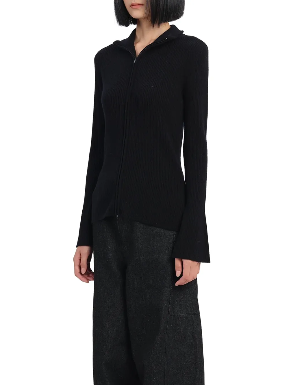 Collarless Knit Cardigan Sweater