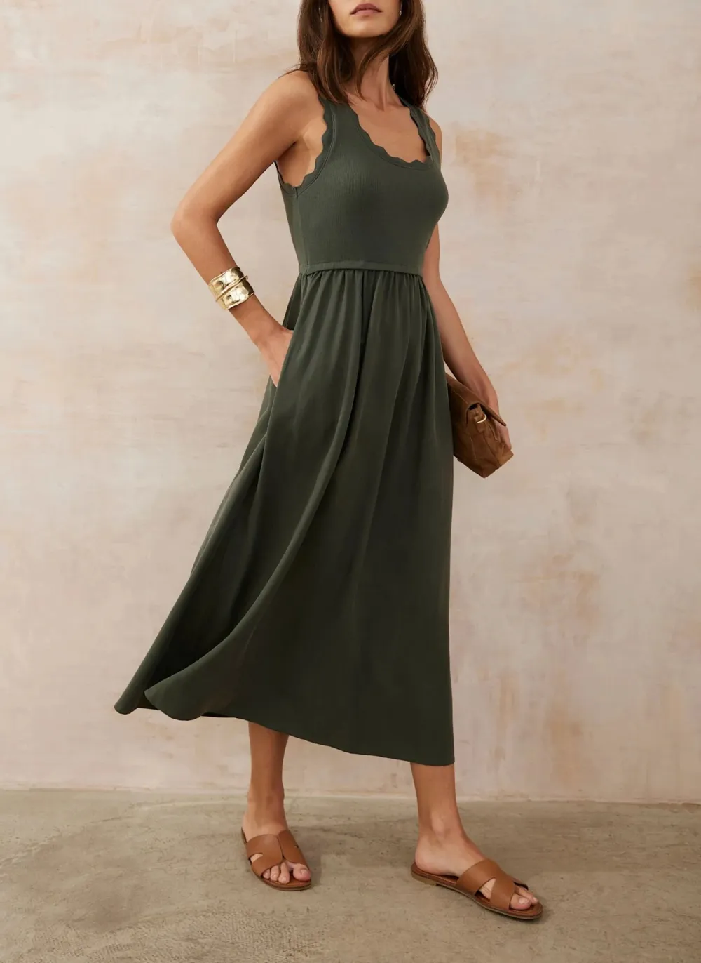Casual Style Scallop Midi Dress