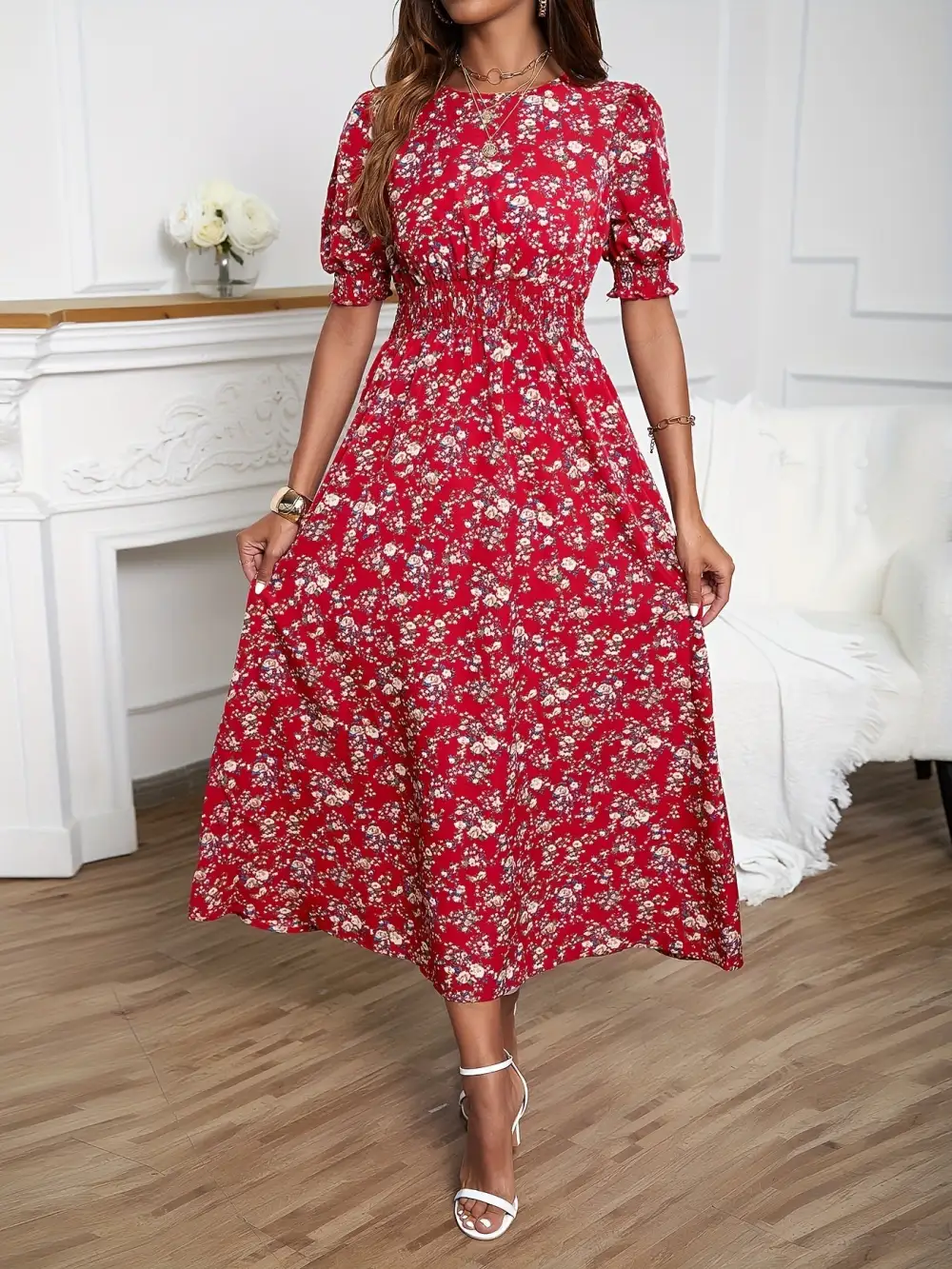 Floral Print Dress: Romantic Puff Sleeves (Spring & Summer, Crew Neck)