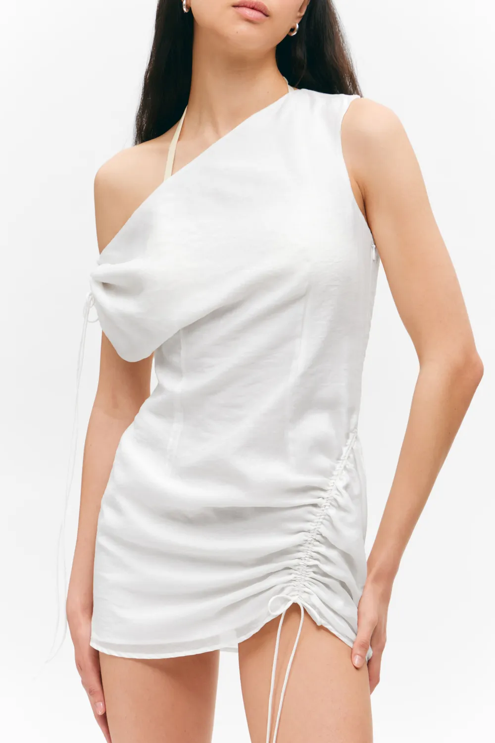 Drawstring Hem Asymmetrical Neck Dress