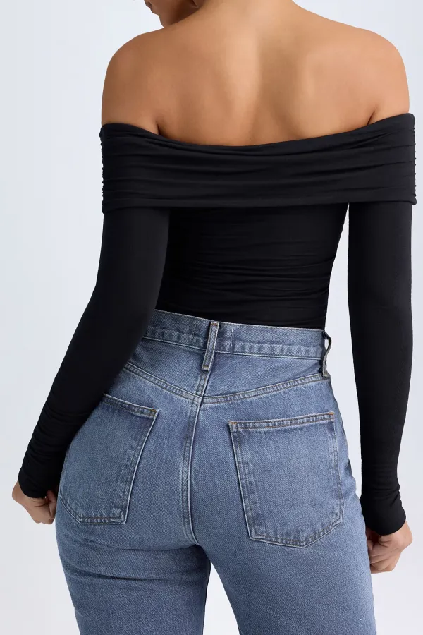 Long Sleeve Off Shoulder Ruffled Women's Fitted Bodysuit