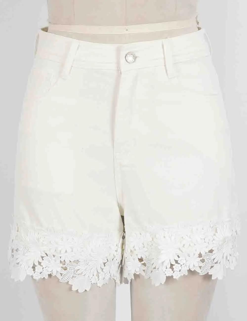 Lace Trim Solid Color Denim Shorts