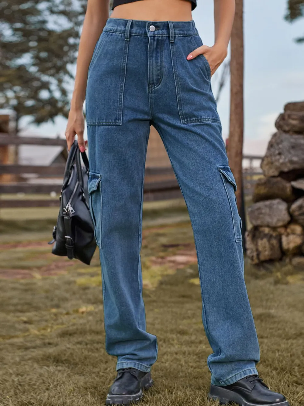 Relaxed High Waist Cargo Denim Jeans