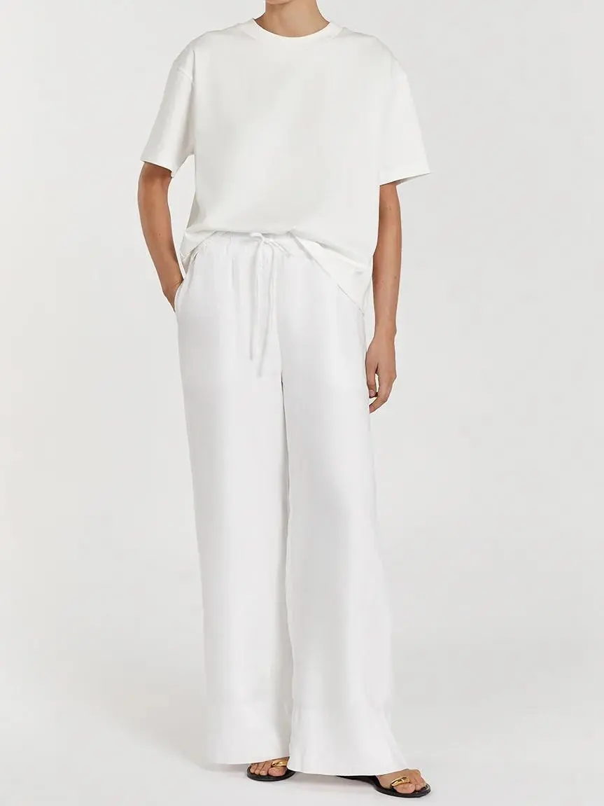 WHITE LINEN ELASTIC WAIST PANT