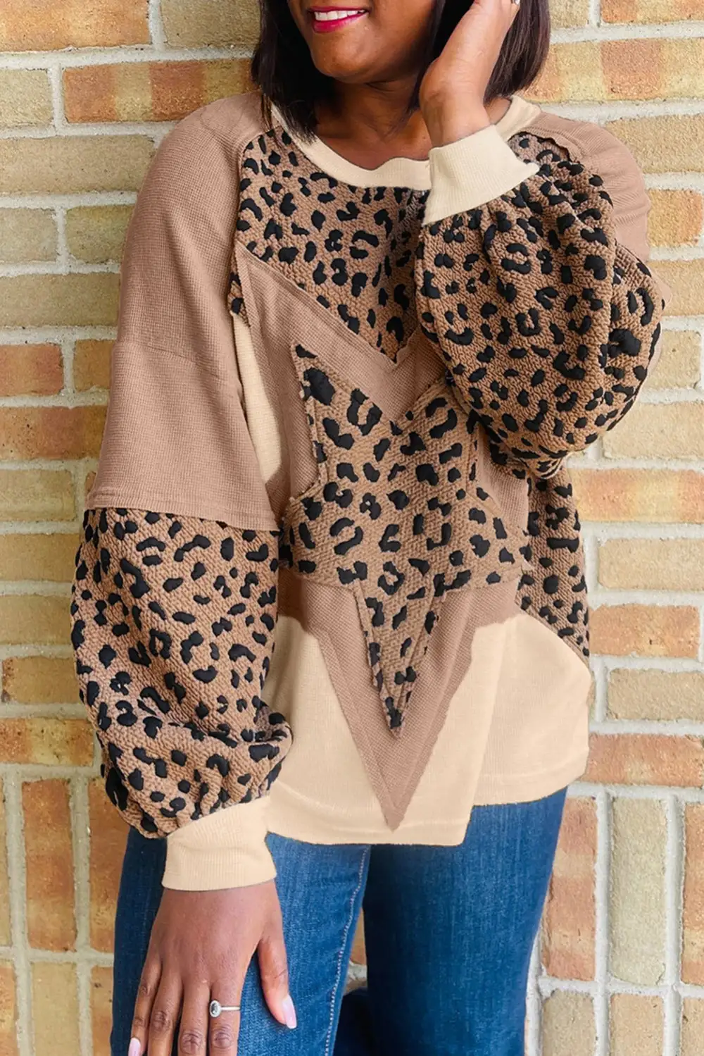 Relaxed Leopard Print Star Accent Patchwork Sweatshirt