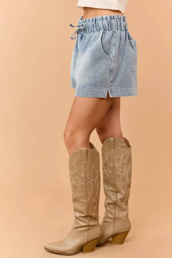 Denim Elastic Waistband Drawstring Shorts