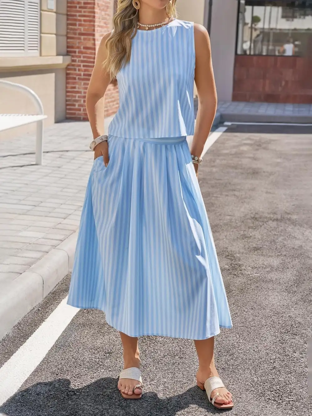 Natural Button Front Sleeveless Detail Coordinated Set