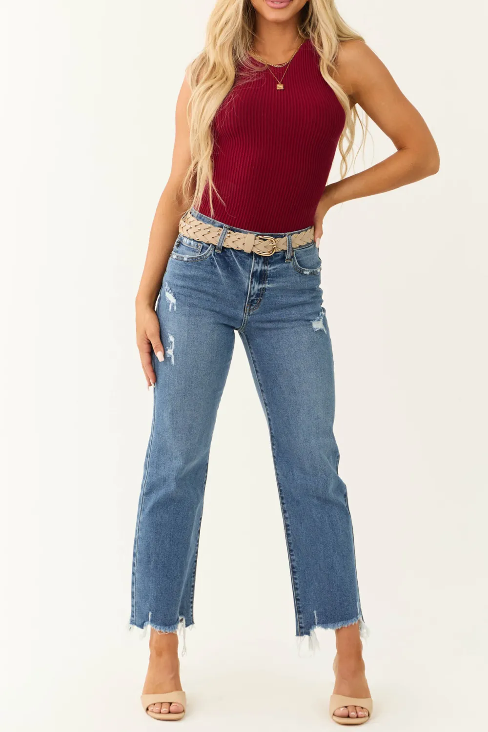 Maroon Ribbed Knit Fitted Sleeveless Top