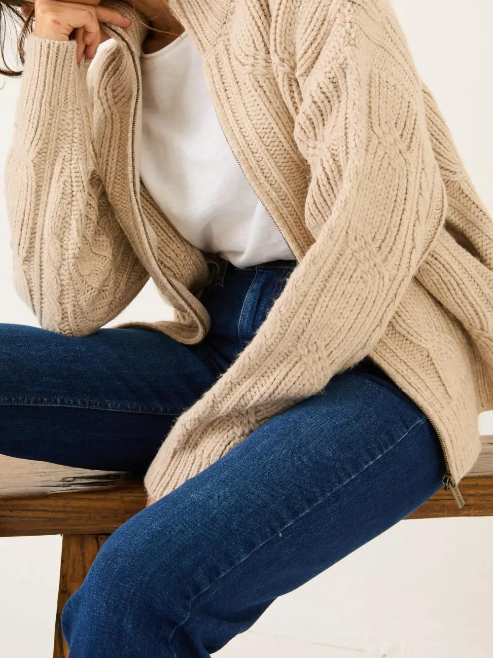 Natural Cable Knitted Zip Through Cardigan