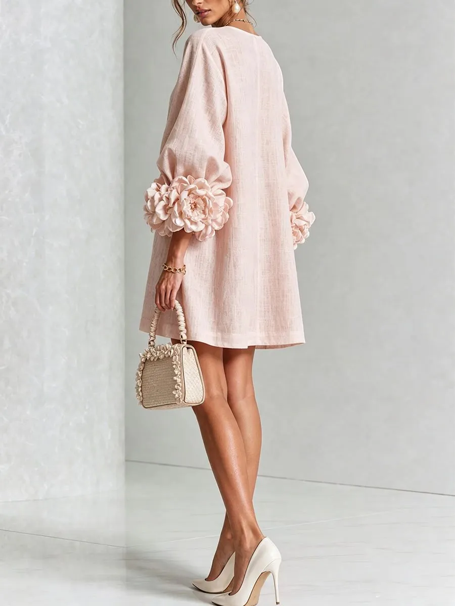 Elegant 3D Floral Button-Front Mini Dress With Striking Floral Cuffs