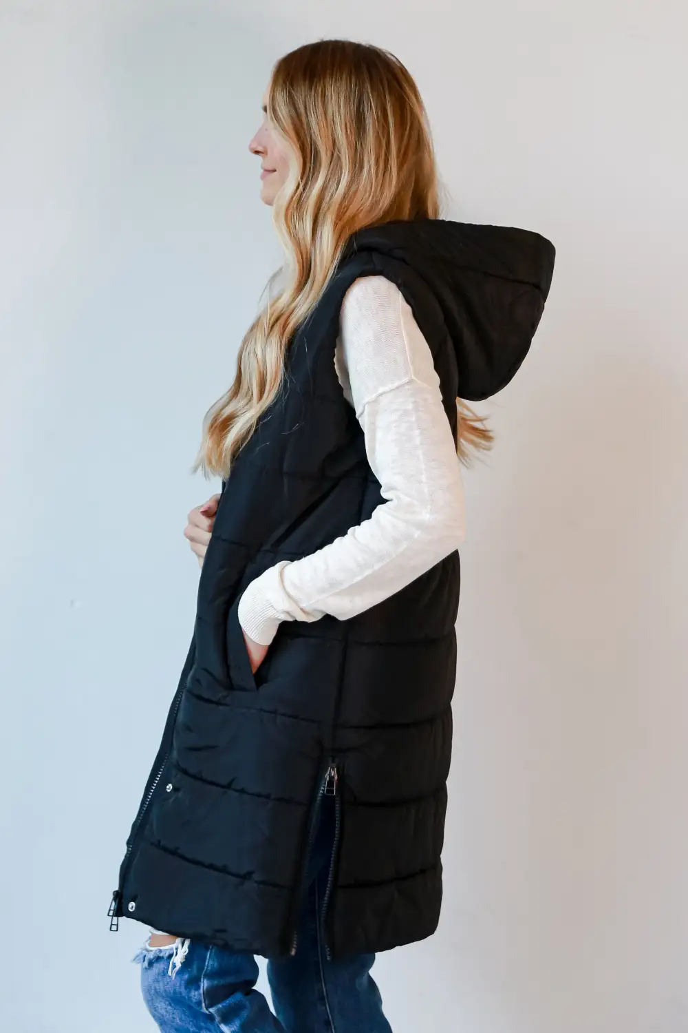 FINAL SALE - In The City Black Quilted Hooded Longline Puffer Vest