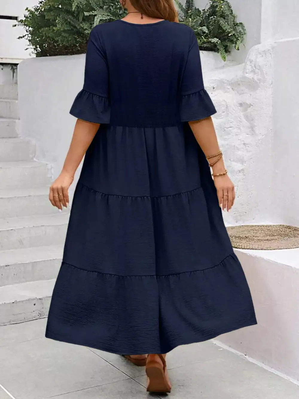 Plus Size Ruffle Sleeves Tiered Midi Dress