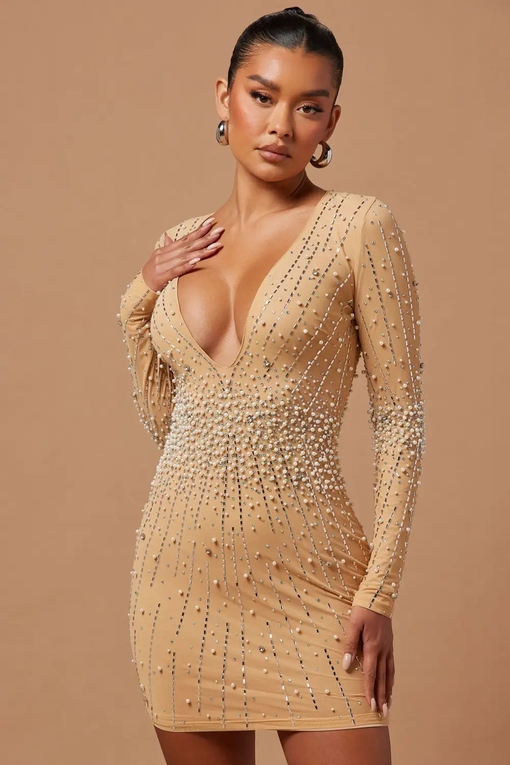 Juliette Embellished Mini Dress - Nude