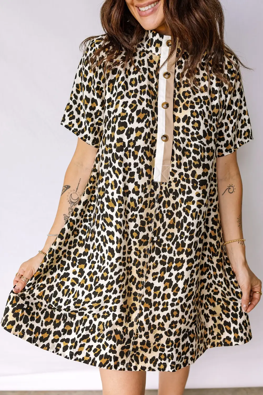 Multicolour Half Buttons Short Sleeve Loose Leopard Mini Dress With Pockets