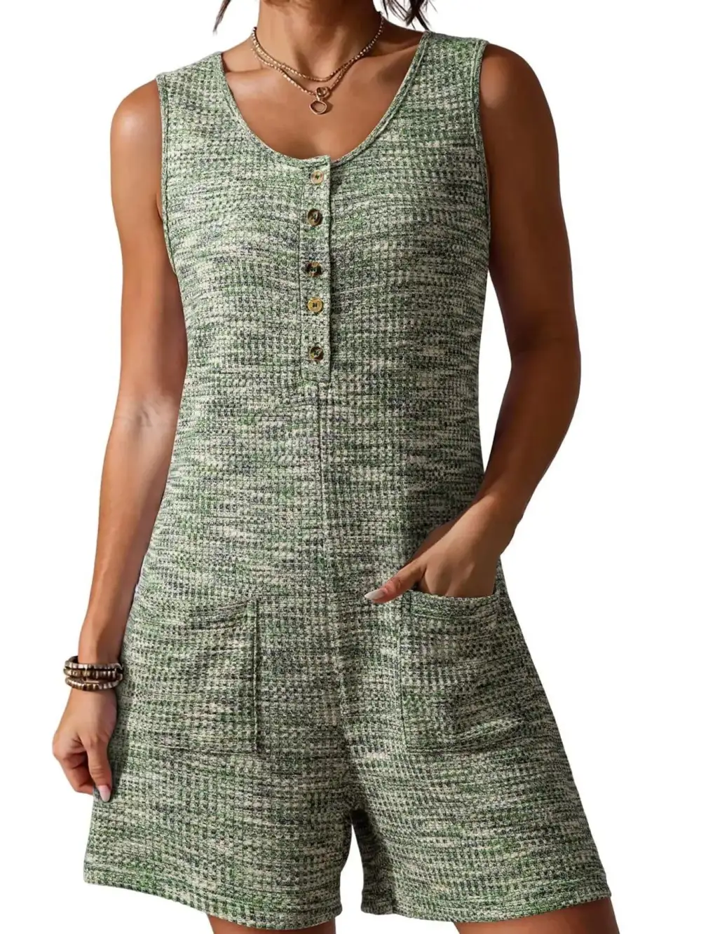 Button Front Sleeveless Romper