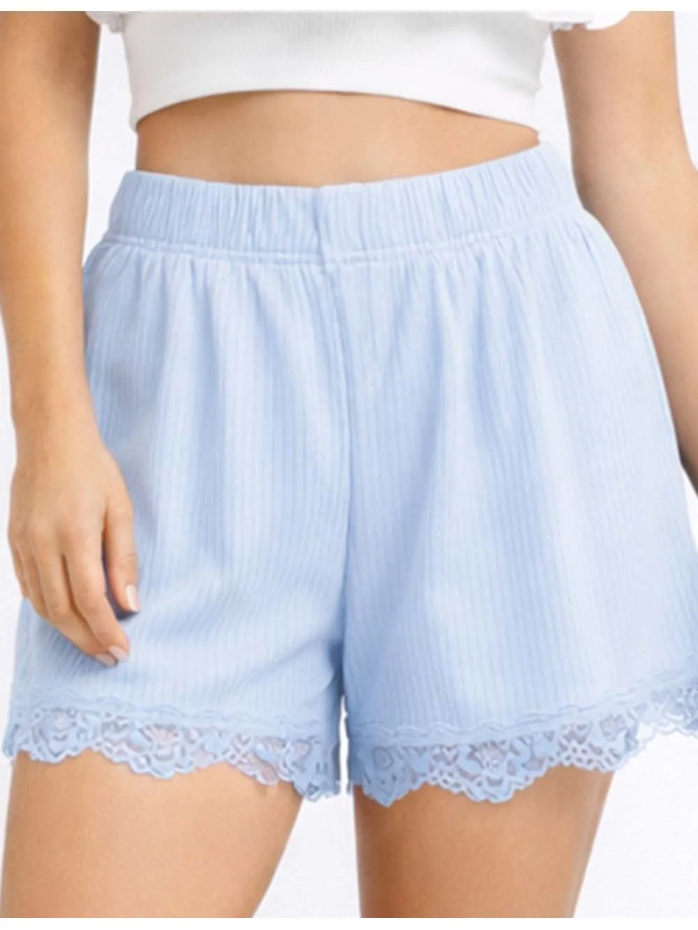 Ribbed Knit Elastic Waist Lace Trim Wide Leg Easy Shorts