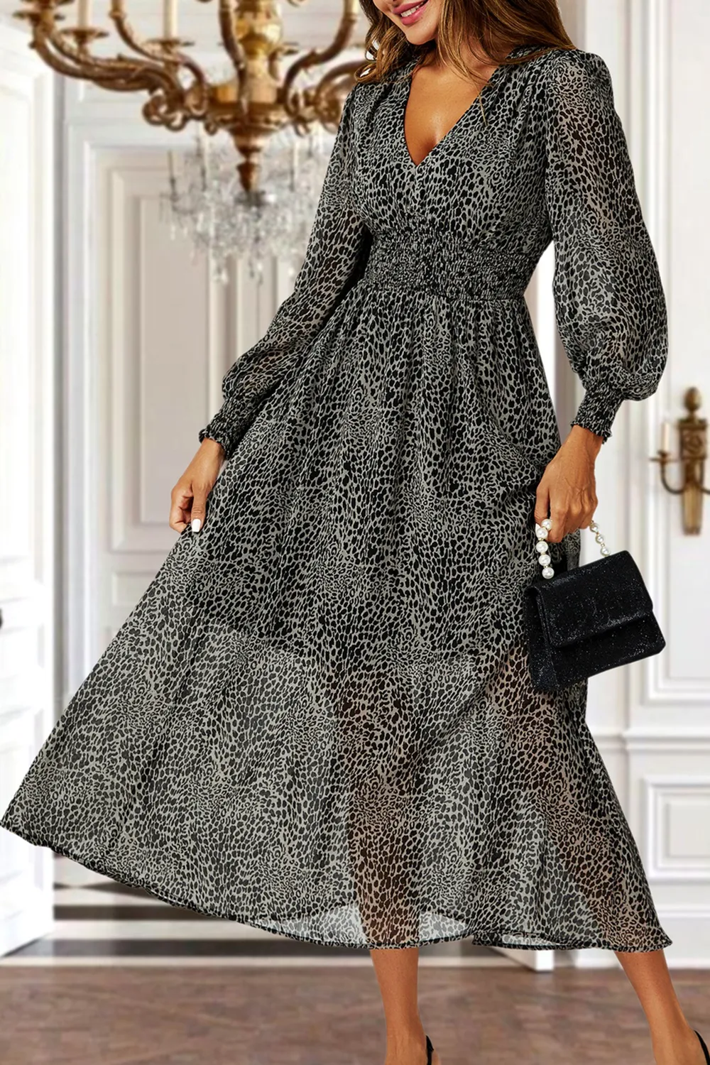 Women's Leopard Print V-Neck Dress