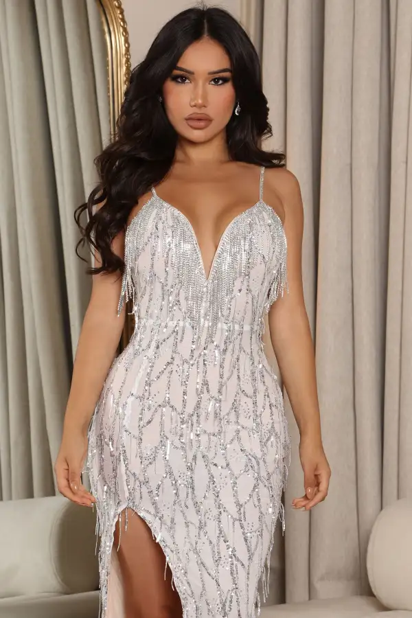 Millionaire Heiress Embellished Maxi Dress - Silver