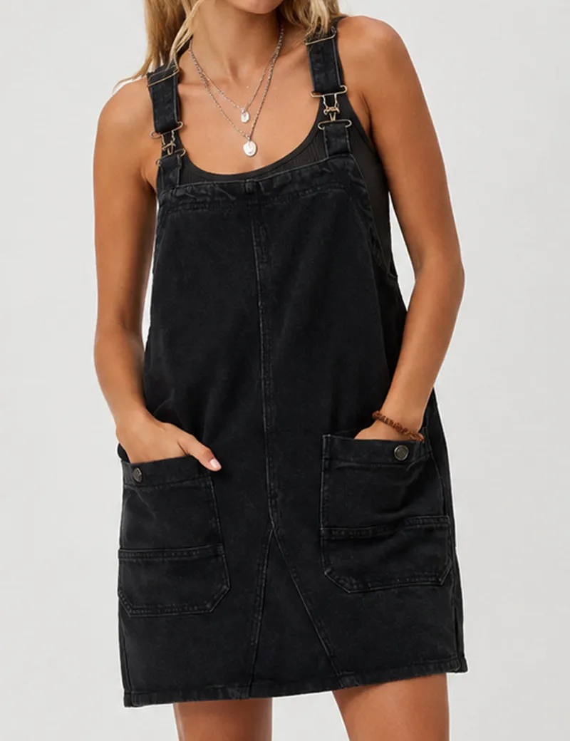 Pocket Strap Denim Mini Overall Dress